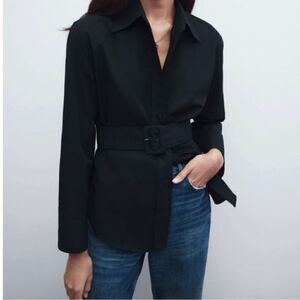 Zara Navy Blue Buckle Belt Button Down Shirt Blouse